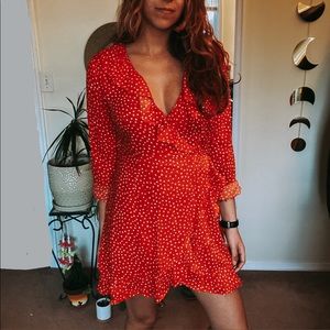 Red Polkadot Long Sleeve Ruffle Dress w/ V-Neck